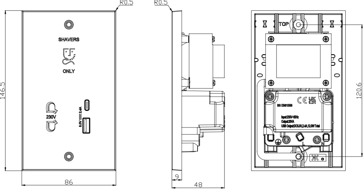 Additional view of 230V Shaver Socket with Dual USB A+C