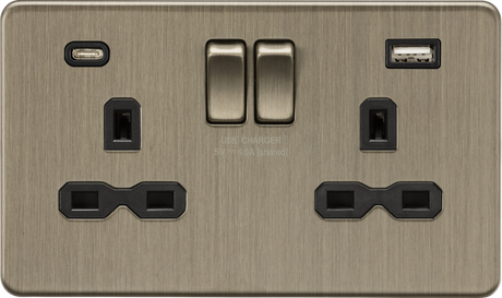 13A 2G SP Switched Socket with Dual USB Charger - Antique Brass