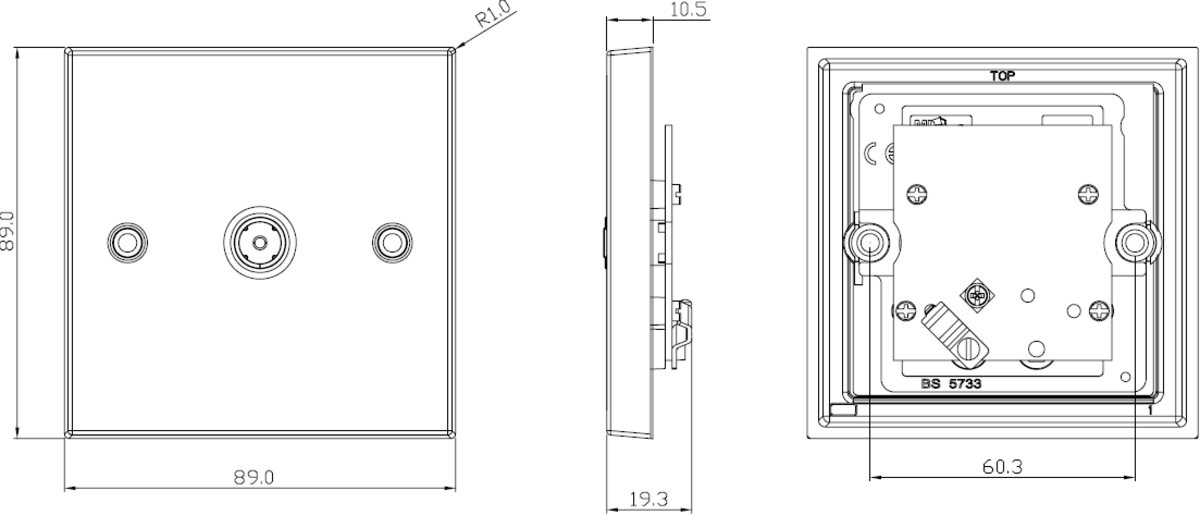 Brushed Chrome TV Outlet - Non-Isolated - Square Edge