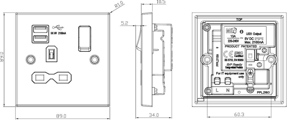 Additional view of 13A 1G SP Switched Socket with Dual USB A+A - Brushed Chrome