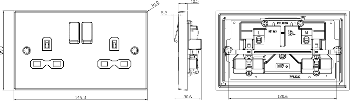13A 2G DP Switched Socket - Side View