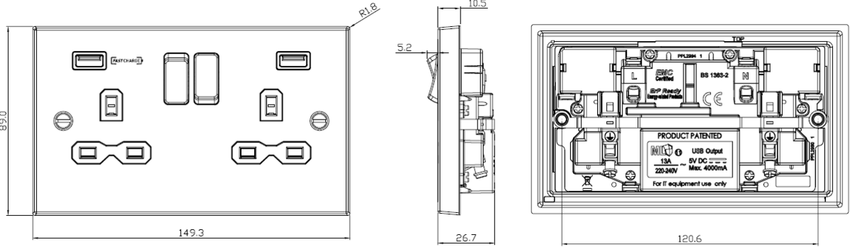 Brushed Chrome Switched Socket with USB Fastcharge Ports