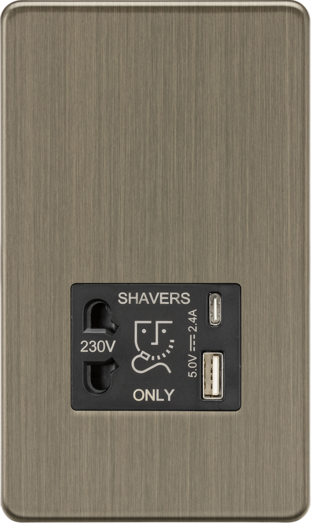 Shaver Socket with Dual USB A+C in Antique Brass