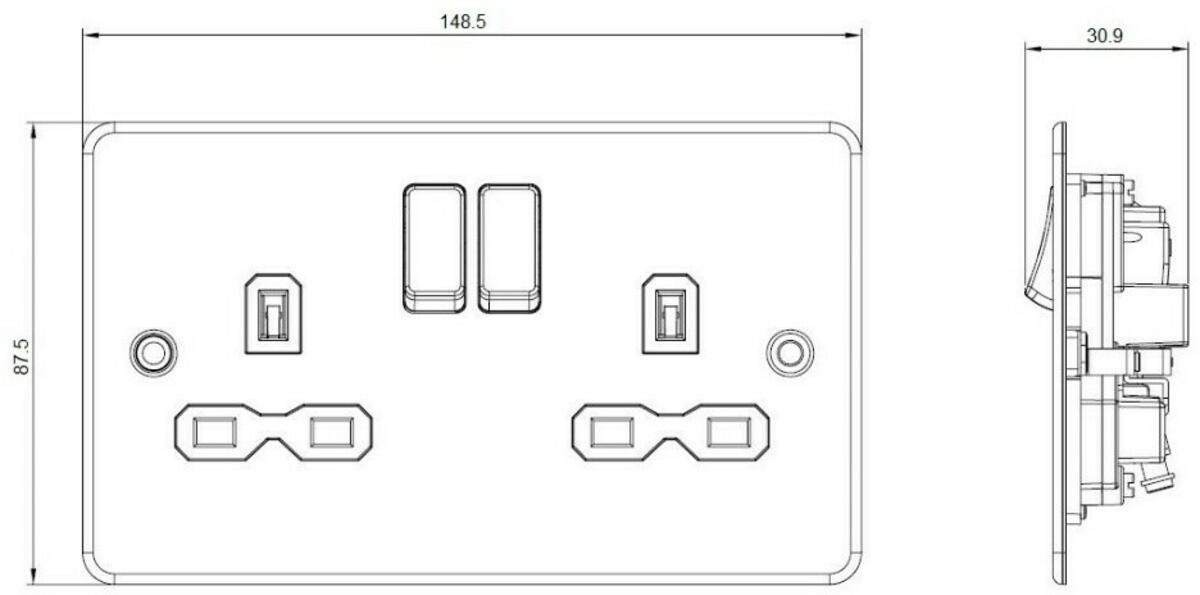 13A 2G DP Switched Socket - Gunmetal with Black Insert