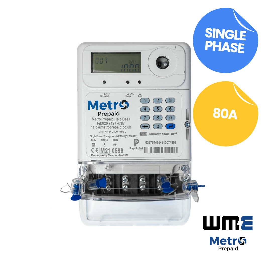 MET001 Metro Prepaid Single Phase Meter, 80A, MID Certified, PayPoint Vending, IP54,