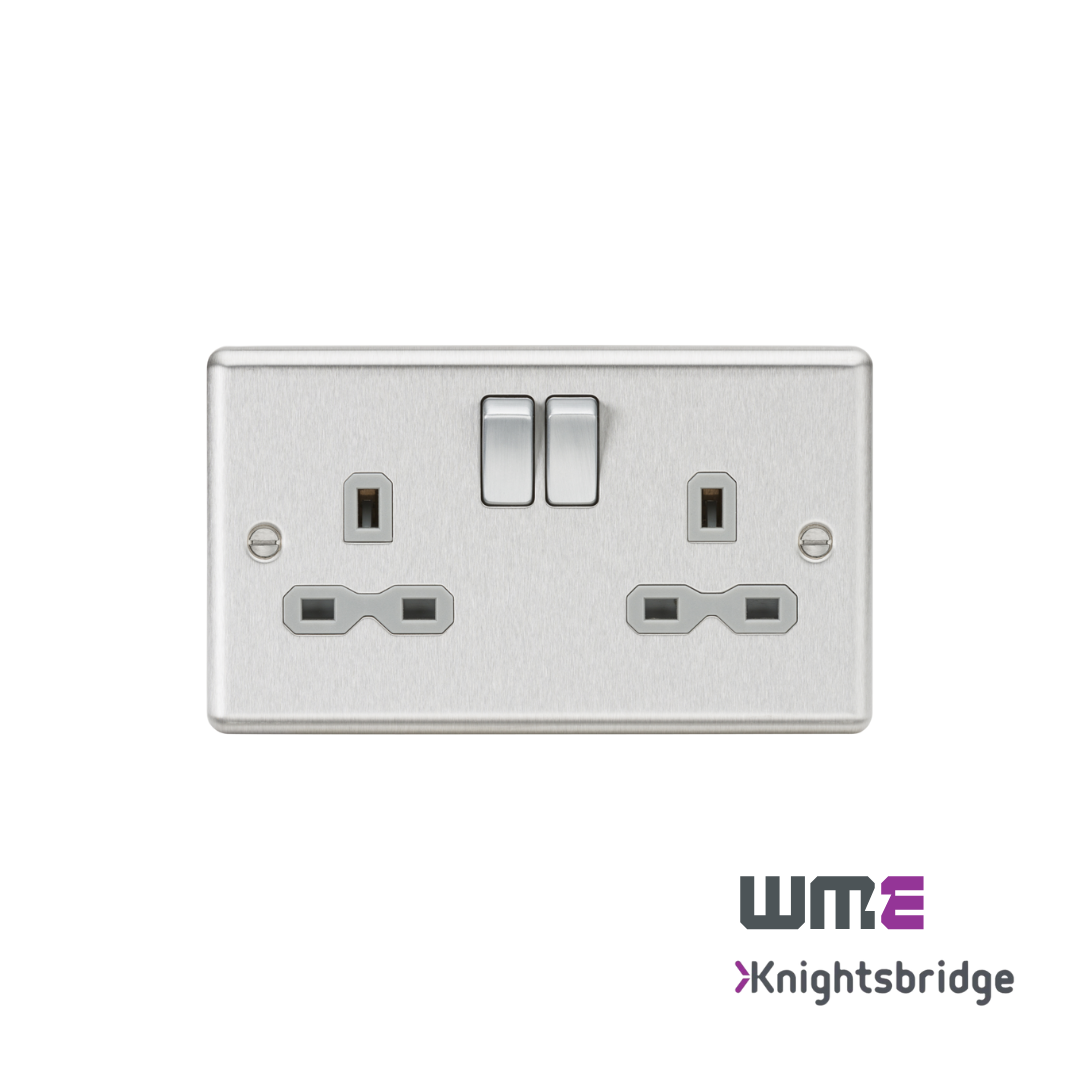Knightsbridge: CL9BCG, 13A 2G DP Switched Socket, Brushed Chrome Finish, Grey Insert, Double Pole, BS 1363:2 Compliant