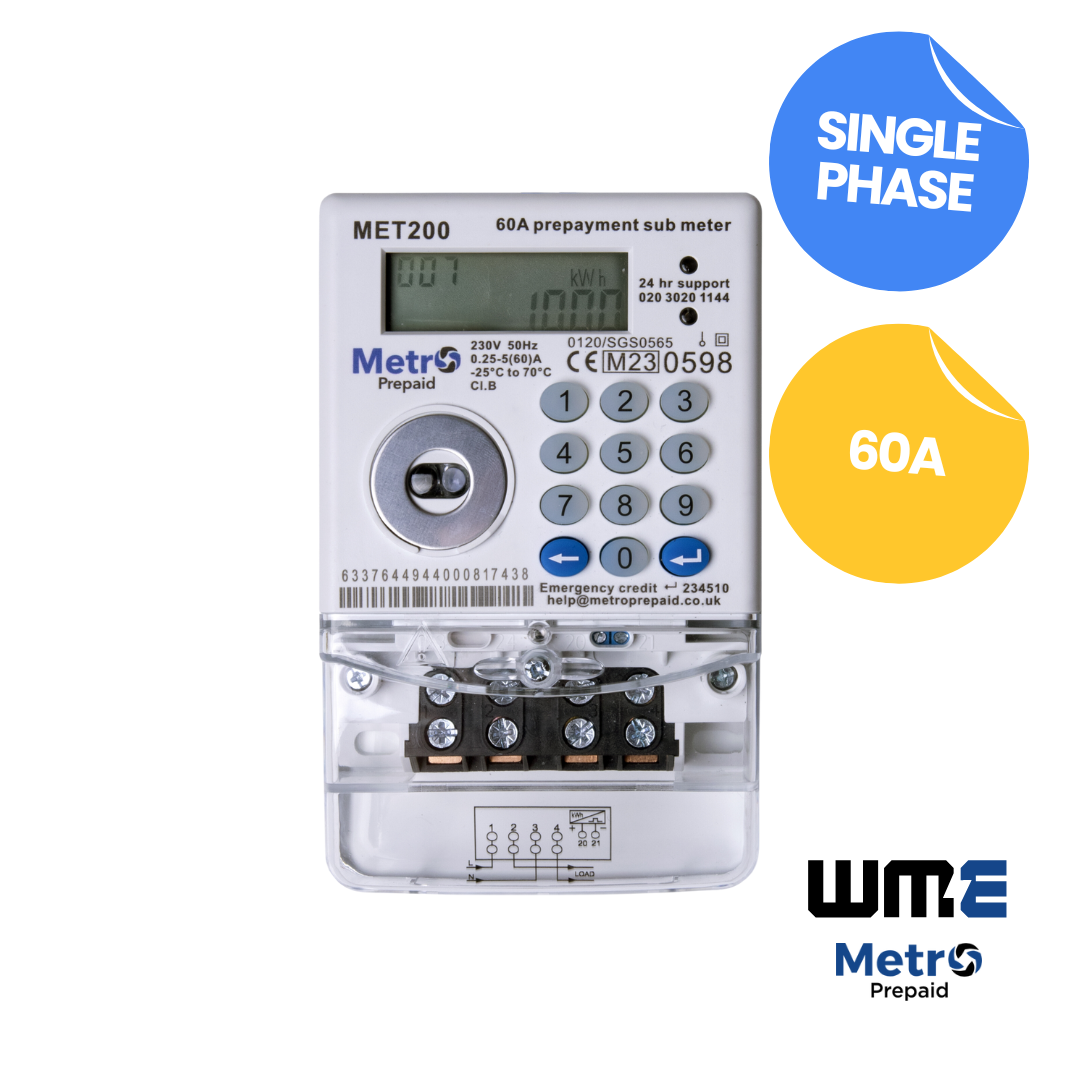 MET200 Metro Digital Prepaid Meter, Single Phase, 60A, MID Certified, IP54,