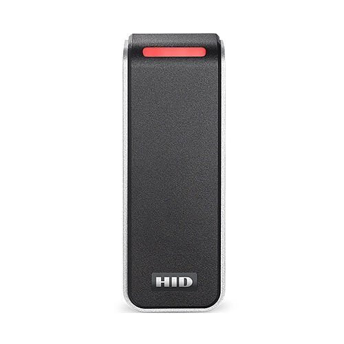 HID narrow-format access control reader in black with silver trim