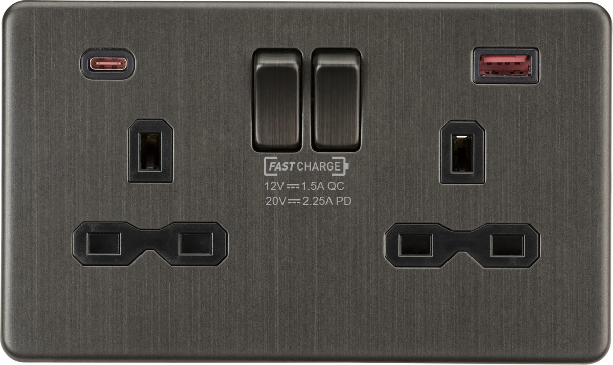13A 2G DP Switched Socket with Dual USB A+C, Smoked Bronze
