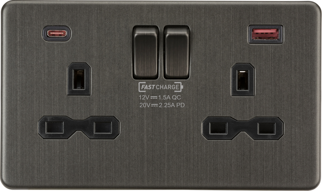 13A 2G DP Switched Socket with Dual USB A+C, Smoked Bronze