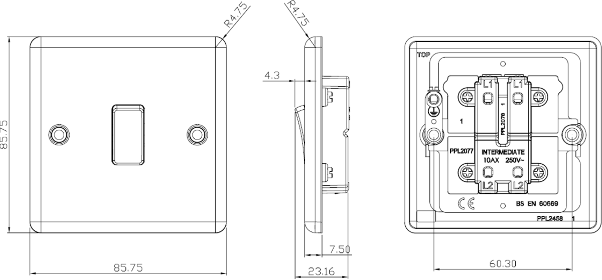 10AX Intermediate Switch - Polished Chrome - Rounded Edge