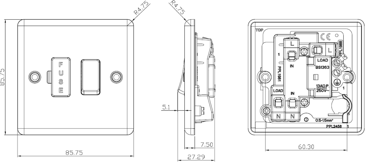 13A Switched Fused Spur Unit - Side View