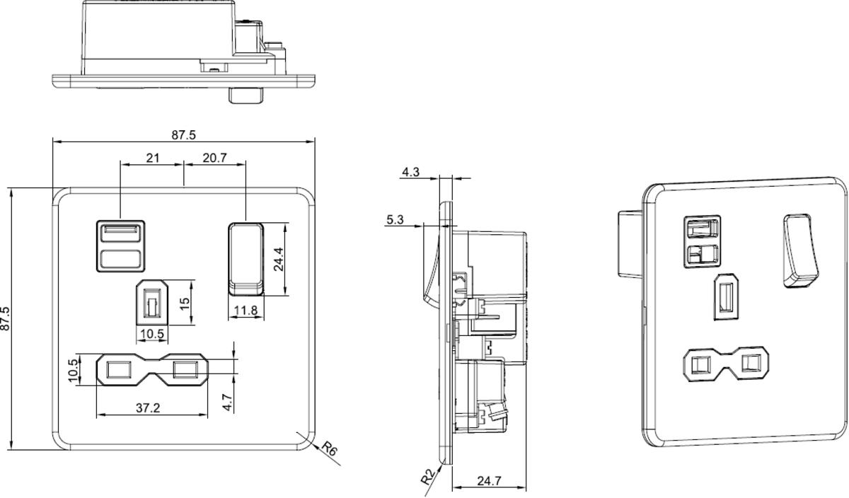 Another view of the Matt Black 13A Switched Socket with Dual USB A+A - SFR9124MB