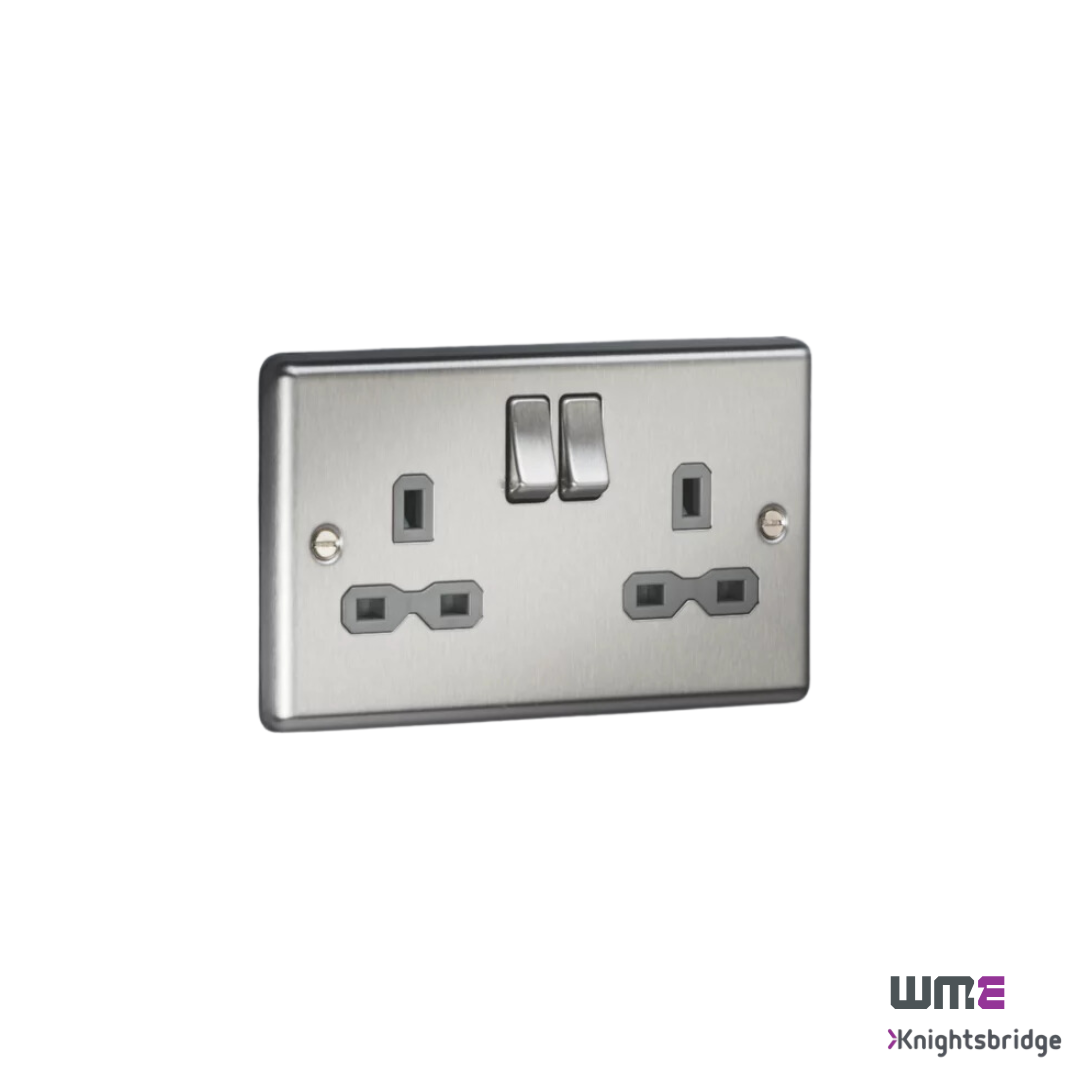 Knightsbridge: CL9BCG, 13A 2G DP Switched Socket, Brushed Chrome Finish, Grey Insert, Double Pole, BS 1363:2 Compliant