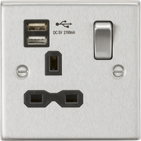 13A 1G SP Switched Socket with Dual USB A+A - Brushed Chrome