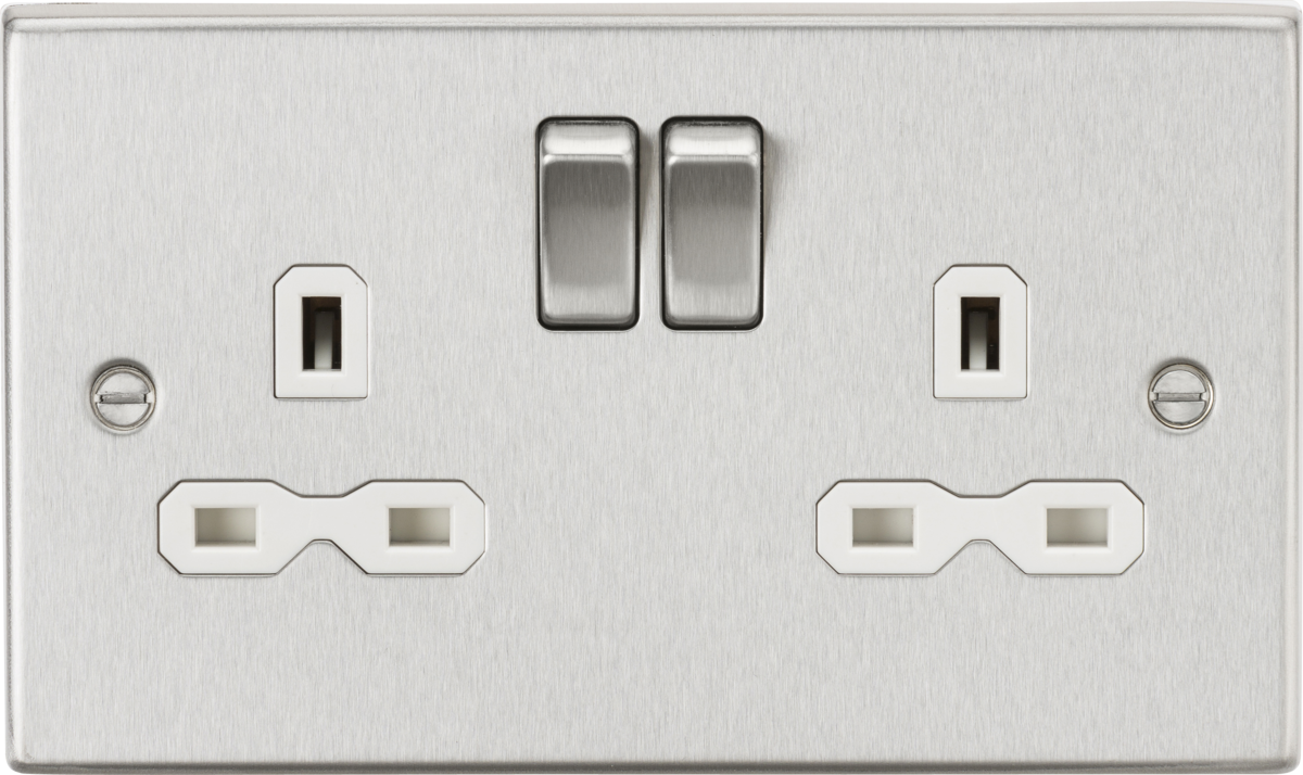13A 2G DP Switched Socket with Twin Earths - Brushed Chrome with White Insert