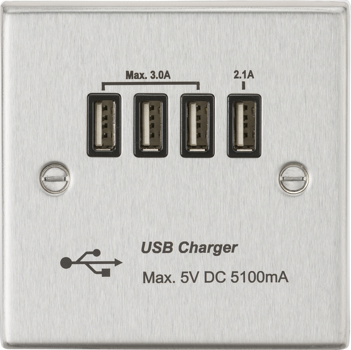 230V Quad USB-A Charger Outlet - Brushed Chrome with Black Insert