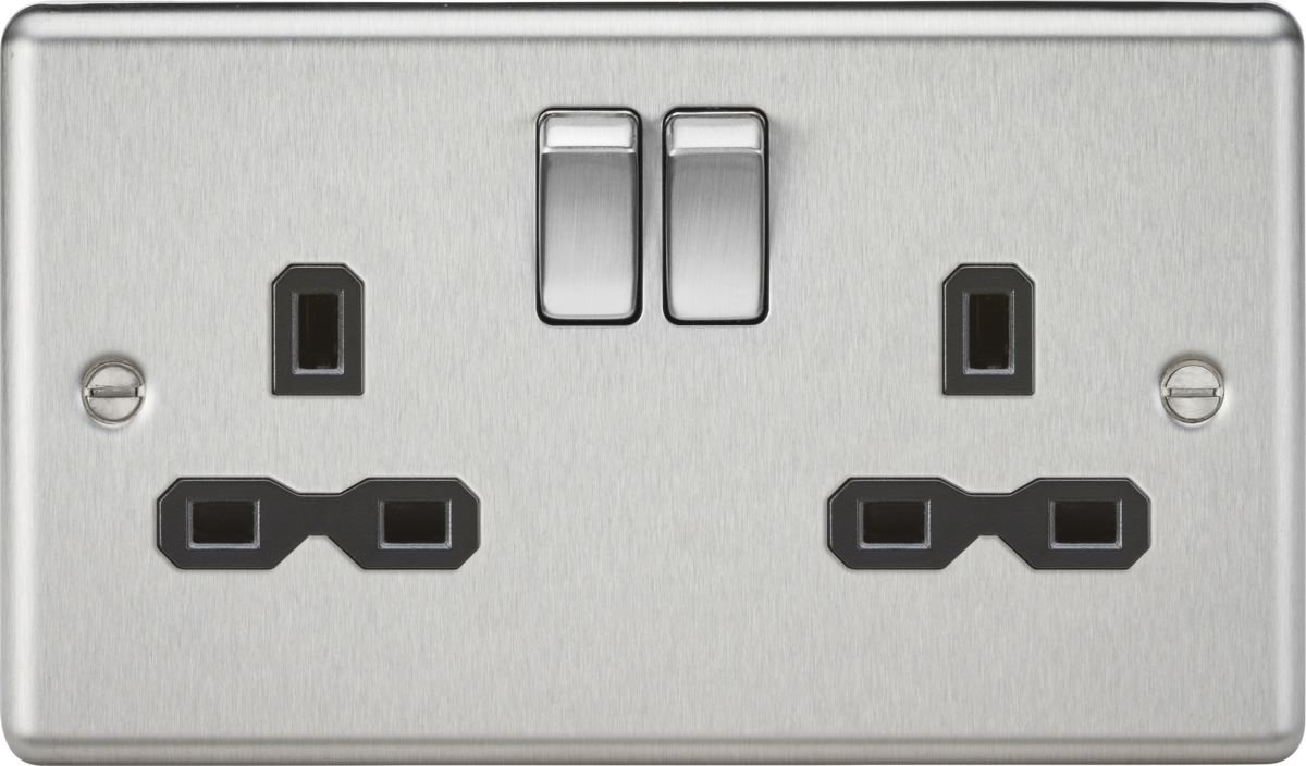 Brushed Chrome 2G DP Switched Socket with Black Insert