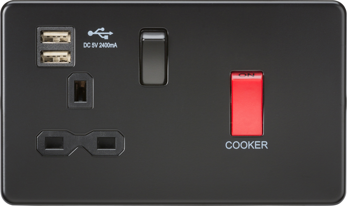 45A DP Switch & 13A Switched Socket with Dual USB Charger - Matt Black