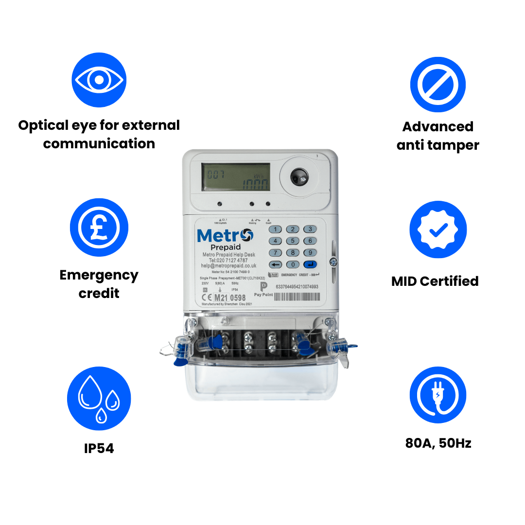 MET001 Metro Prepaid Single Phase Meter, 80A, MID Certified, PayPoint Vending, IP54,