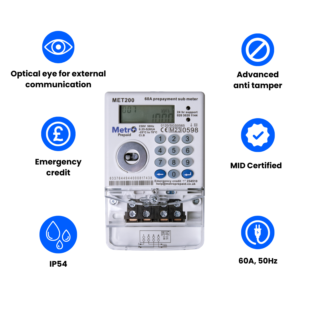 MET200 Metro Digital Prepaid Meter, Single Phase, 60A, MID Certified, IP54,