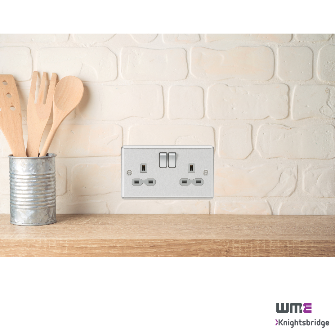 Knightsbridge: CL9BCG, 13A 2G DP Switched Socket, Brushed Chrome Finish, Grey Insert, Double Pole, BS 1363:2 Compliant