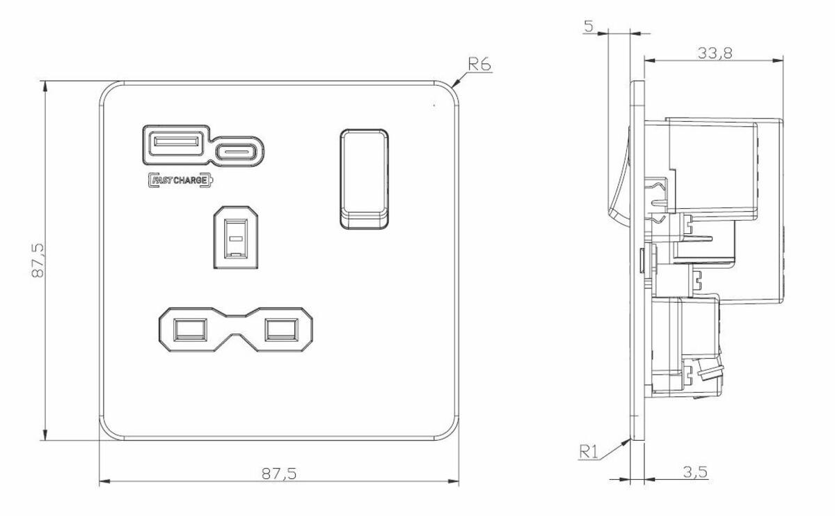 13A 1G Switched Socket with Dual USB A+C - Side View