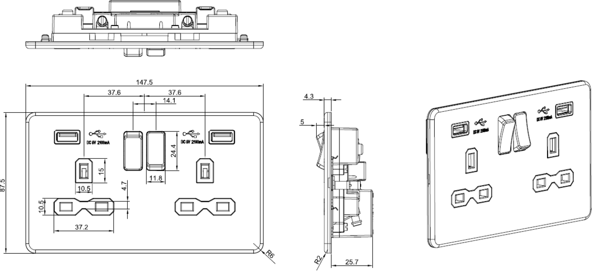 Secondary Angle View of 13A 2G SP Switched Socket with Dual USB Charger - Anthracite