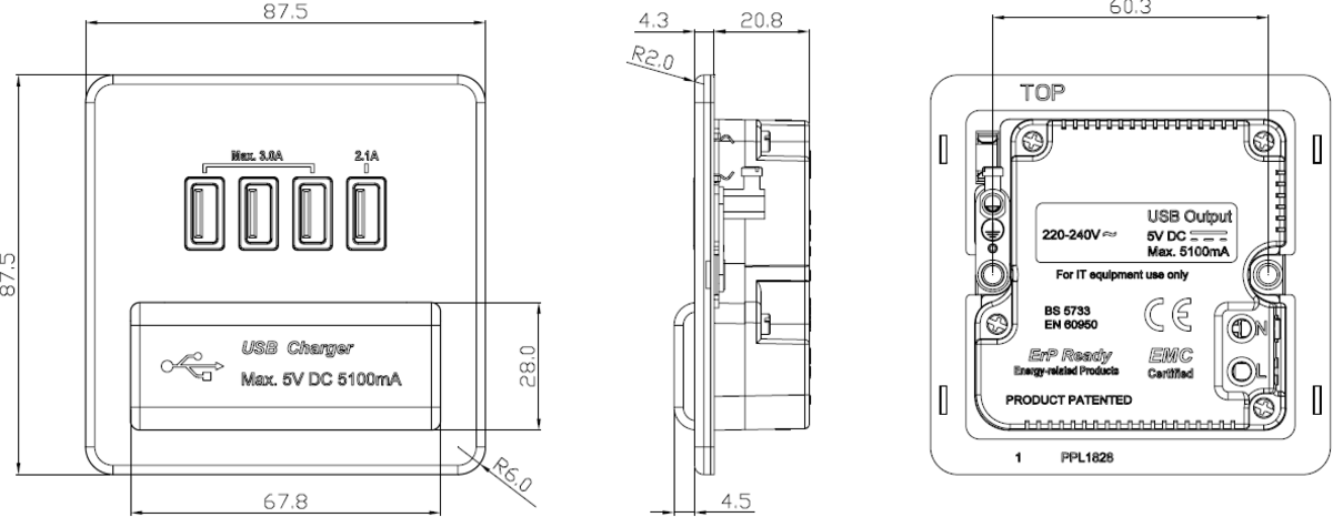 230V Quad USB-A Charger Outlet - Smoked Bronze Side View