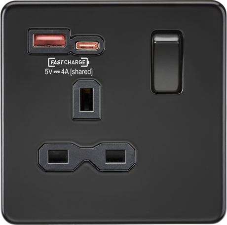 13A 1G SP Switched Socket with Dual USB A+C - Matt Black