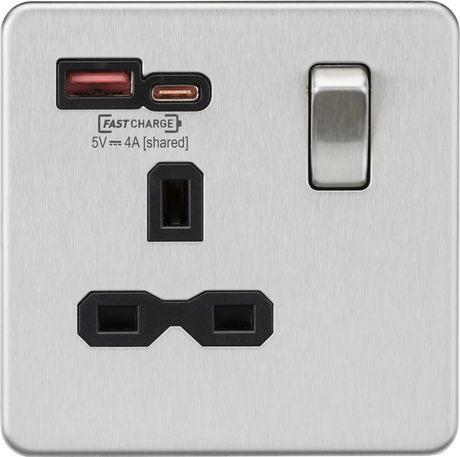 13A 1G Switched Socket with Dual USB A+C - Brushed Chrome