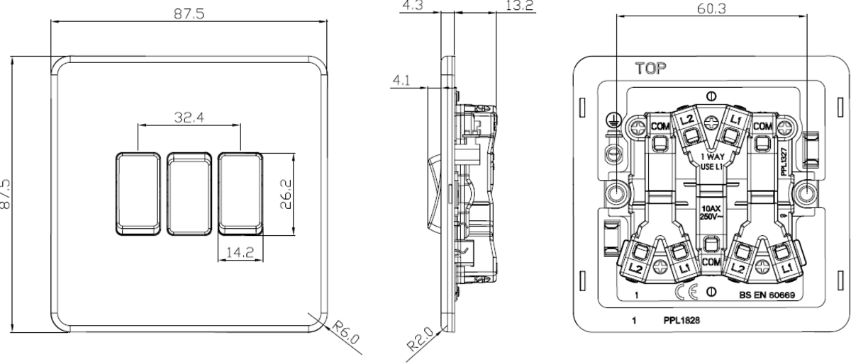Brushed Chrome 10AX 3G 2-Way Screwless Switch