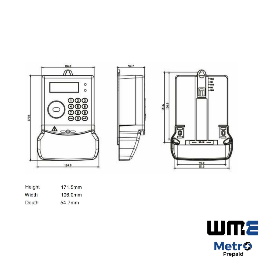 MET200 Metro Digital Prepaid Meter, Single Phase, 60A, MID Certified, IP54,