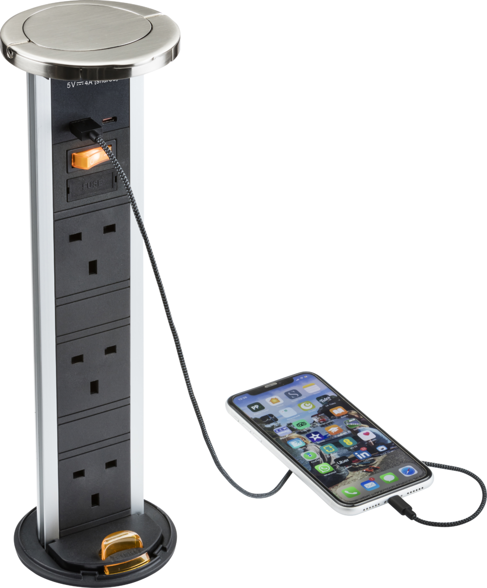 Knightsbridge IP54 3G Pop-Up Socket with Dual USB Charger - Brushed Chrome