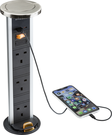 Knightsbridge IP54 3G Pop-Up Socket with Dual USB Charger - Brushed Chrome