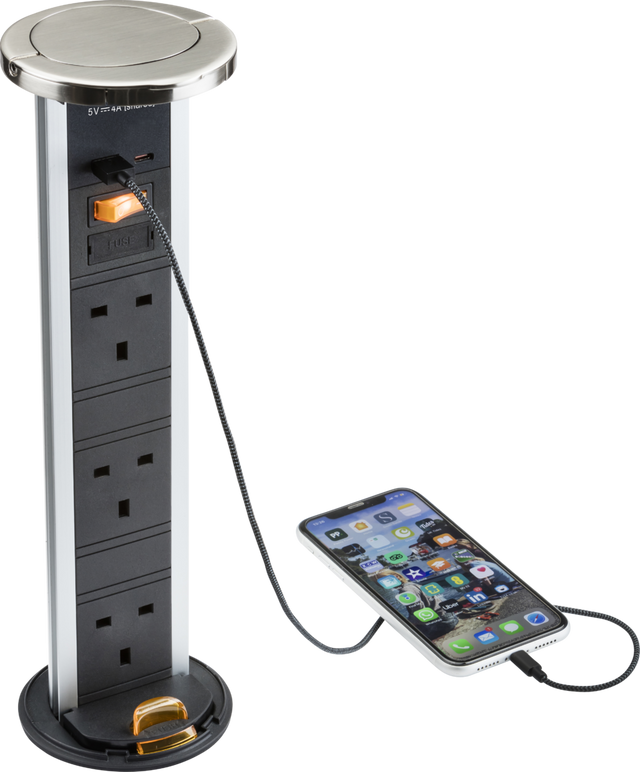 Knightsbridge IP54 3G Pop-Up Socket with Dual USB Charger - Brushed Chrome