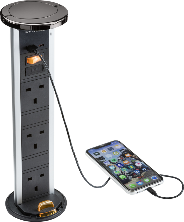 Knightsbridge IP54 3G Pop-Up Socket with Dual USB Charger A+C, Black Nickel