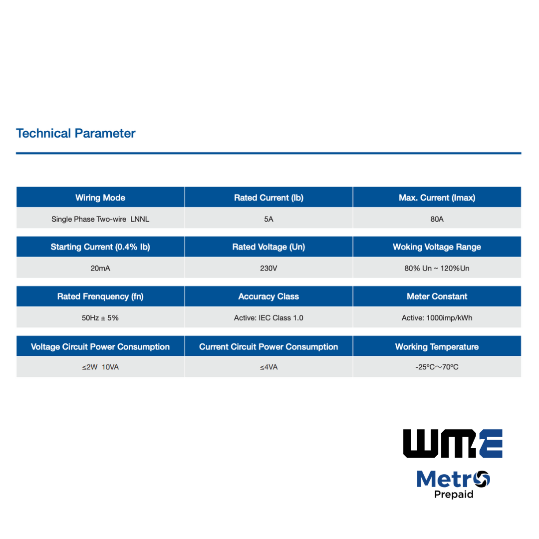 MET001 Metro Prepaid Single Phase Meter, 80A, MID Certified, PayPoint Vending, IP54,