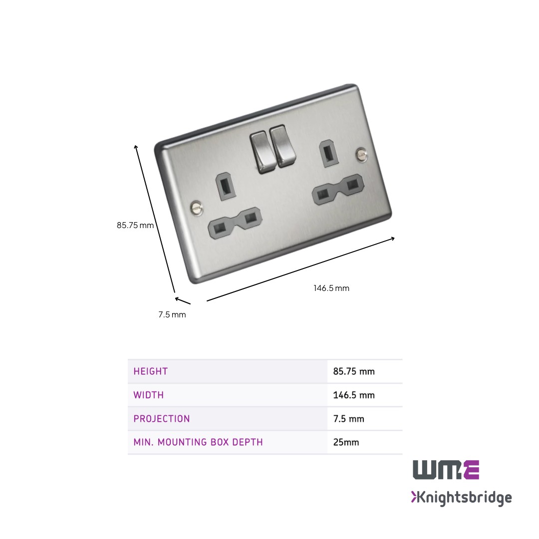 Knightsbridge: CL9BCG, 13A 2G DP Switched Socket, Brushed Chrome Finish, Grey Insert, Double Pole, BS 1363:2 Compliant