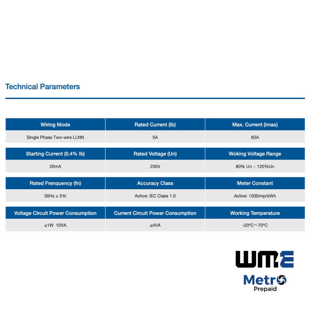 MET200 Metro Digital Prepaid Meter, Single Phase, 60A, MID Certified, IP54,