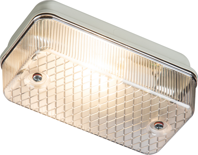 230V IP65 100W Max E27 Bulkhead with Clear Prismatic Diffuser and White Aluminium Base