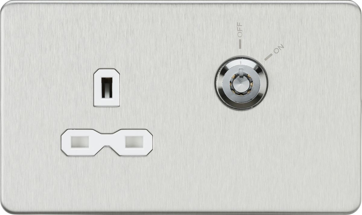 13A DP Key Lockable Socket - Brushed Chrome with White Insert