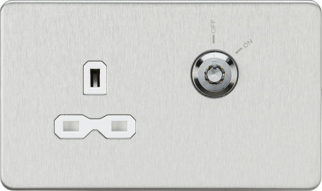 13A DP Key Lockable Socket - Brushed Chrome with White Insert