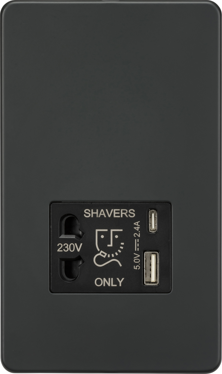 230V Shaver Socket with Dual USB A+C - Anthracite