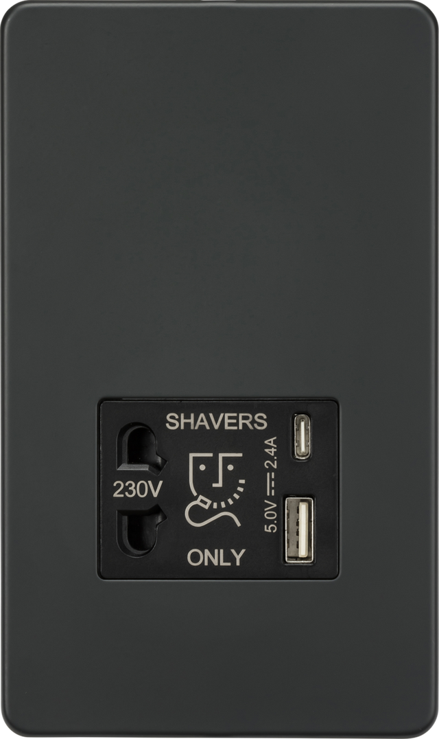 230V Shaver Socket with Dual USB A+C - Anthracite