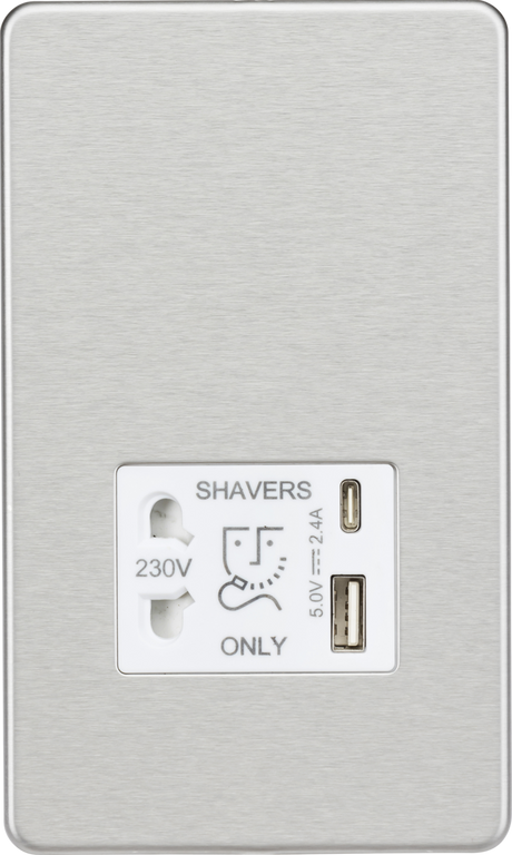 230V Shaver Socket with Dual USB A+C - Brushed Chrome