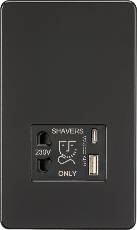 230V Shaver Socket with Dual USB A+C in Matt Black
