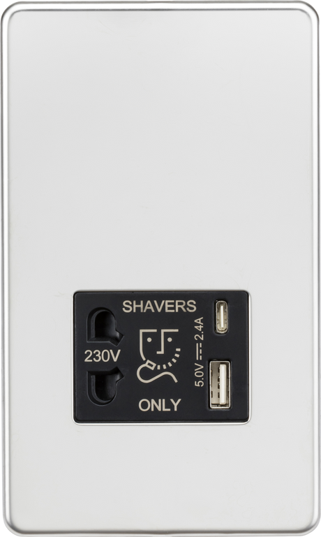 230V Shaver Socket with Dual USB A+C - Polished Chrome with Black Insert