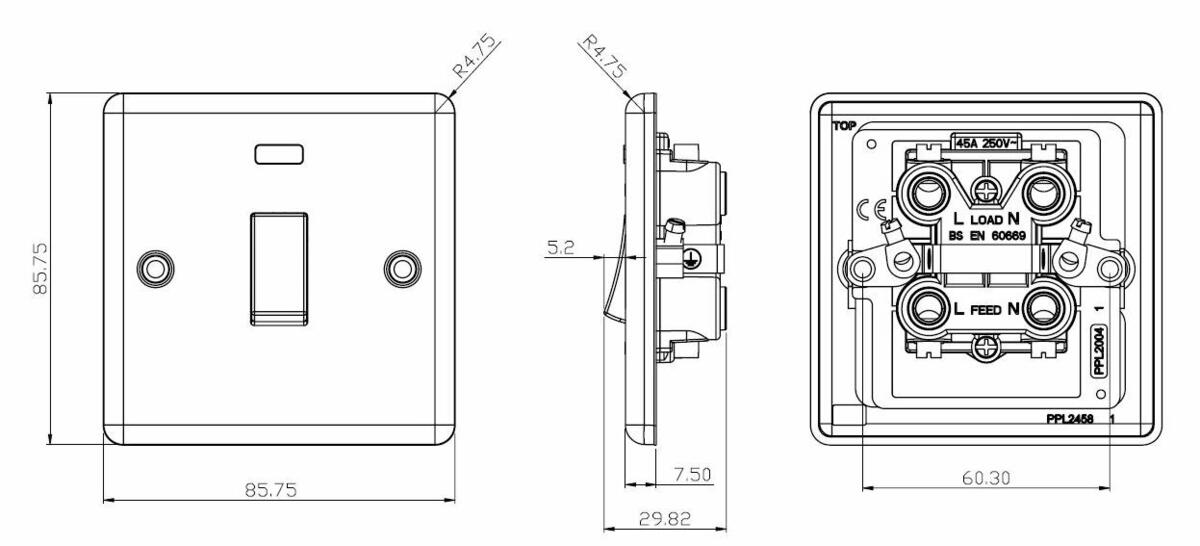 Side view of 45A DP Switch with Neon - Brushed Chrome