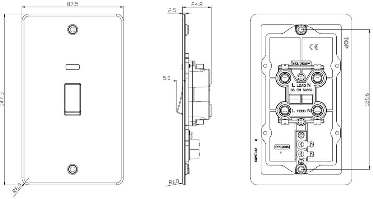 Brushed Brass 45A DP Switch with Neon - Detailed View
